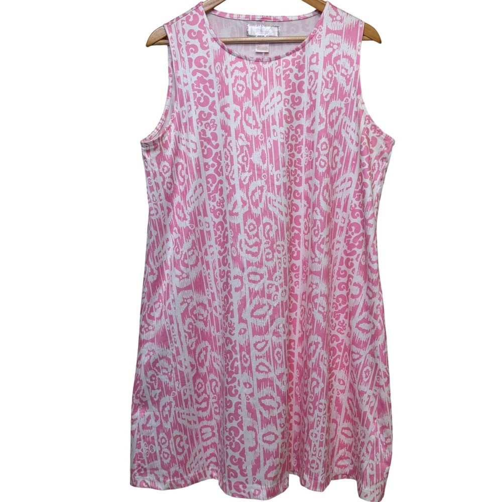 Stella Parker Womens Shift Dress L Pink White Ikat Animal Print Preppy Resort